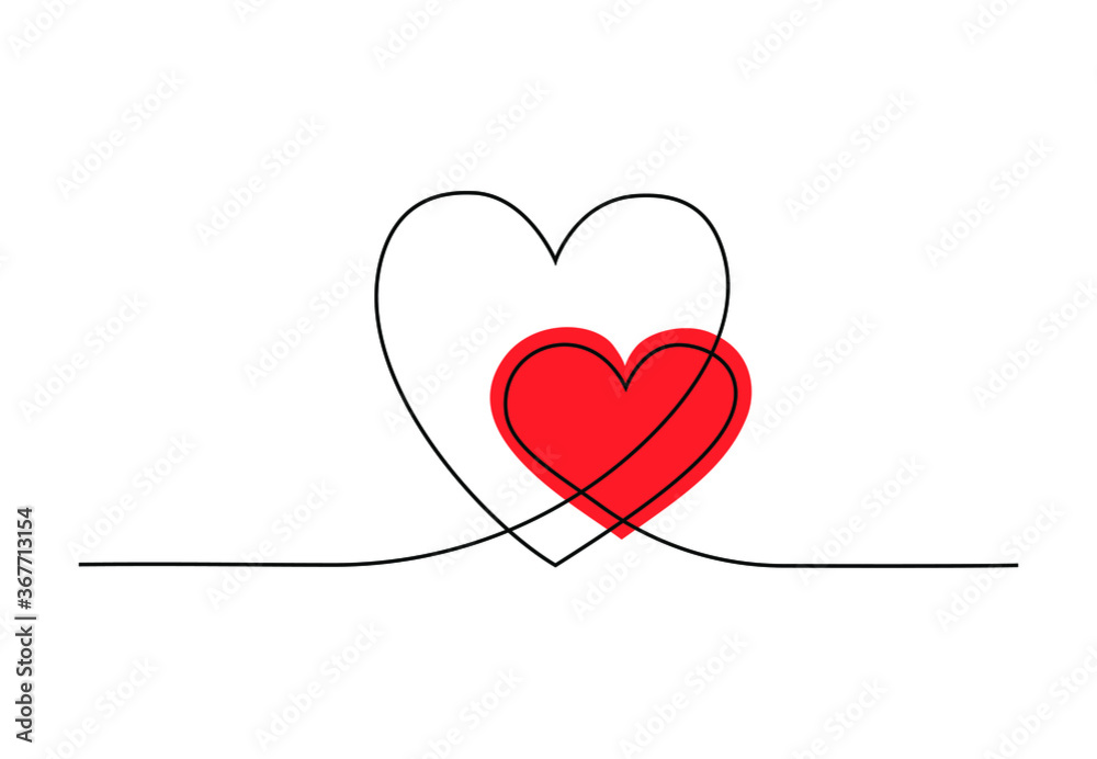 Two hearts continuous line drawing. Minimalist design red heart for cards and posters. Vector hand drawn illustration isolated on white background. Love, relationships, wedding concept