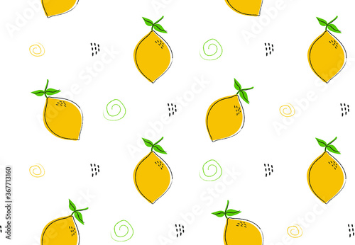 Seamless fruit pattern. Hand drawn lemons with leaves abstract colored shapes for print, fabric, wallpaper. Modern vector illustration