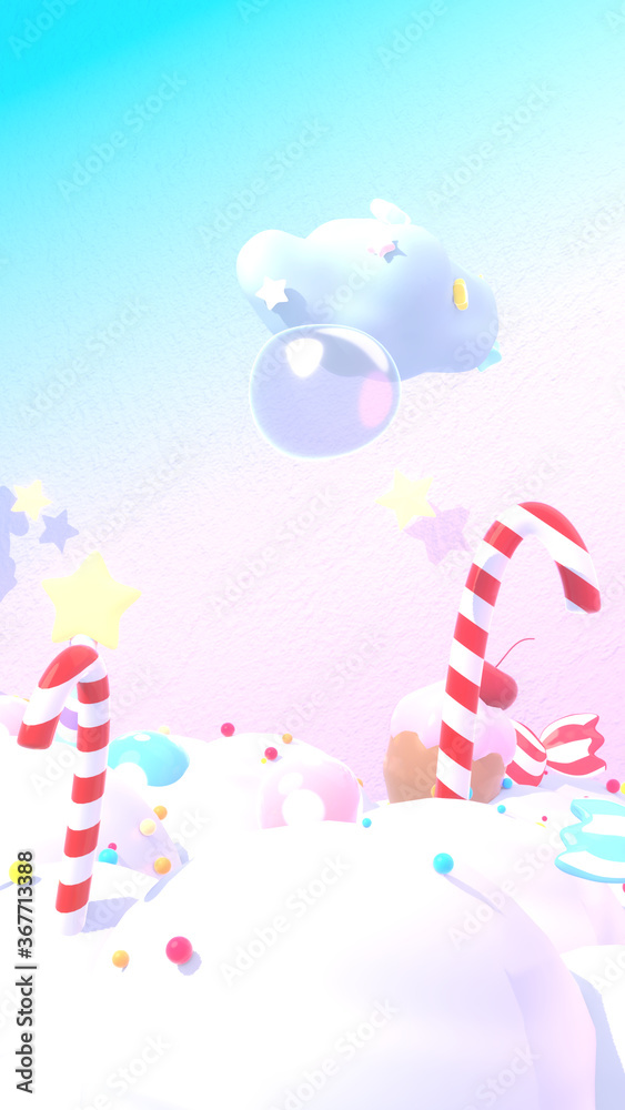 Cartoon sweet candy land. 3d rendering picture. (vertical)