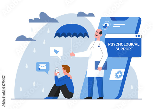 Psychotherapy psychology concept vector illustration. Cartoon flat tiny doctor therapist character supporting, protecting patient mental health via smartphone, psychological support isolated on white