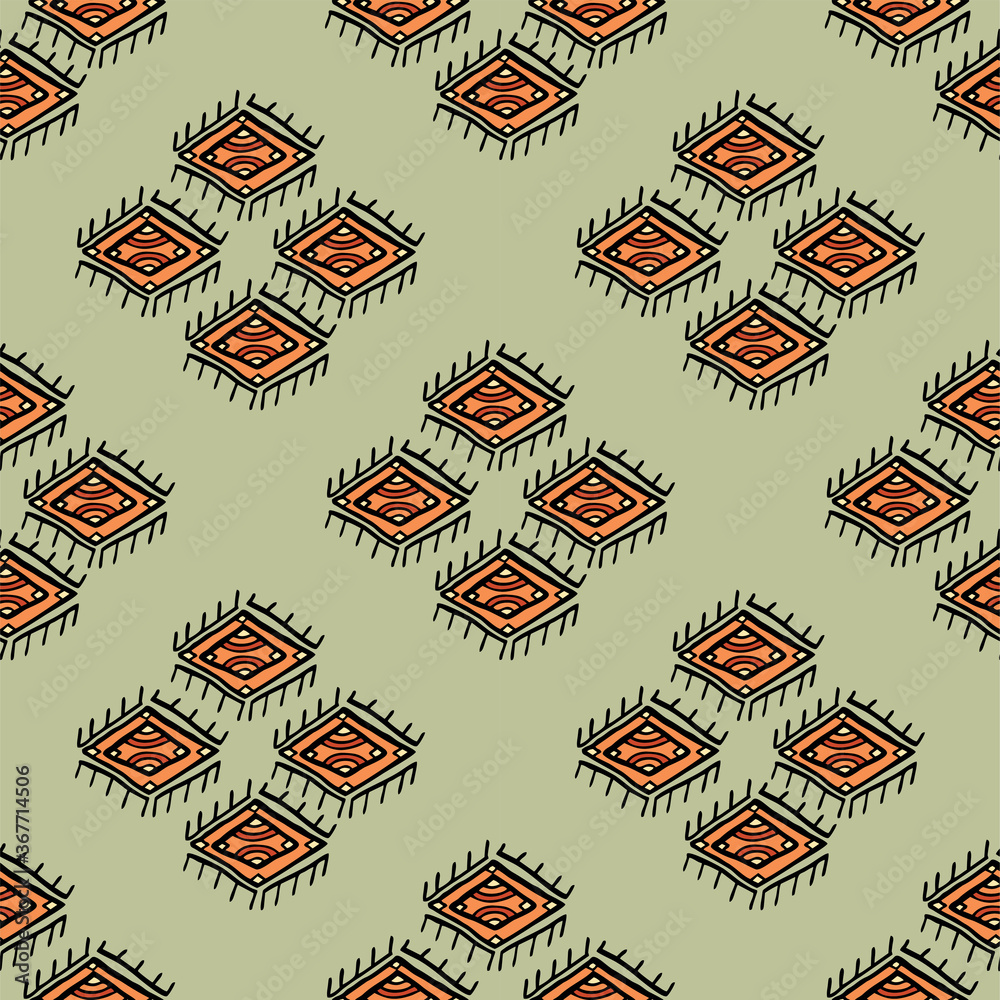 Vector illustration of freehand geometric tribal style motif art on pastel grey green background