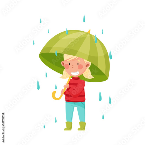 Smiling Girl Character in Rubber Boots Walking with Umbrella Vector Illustration