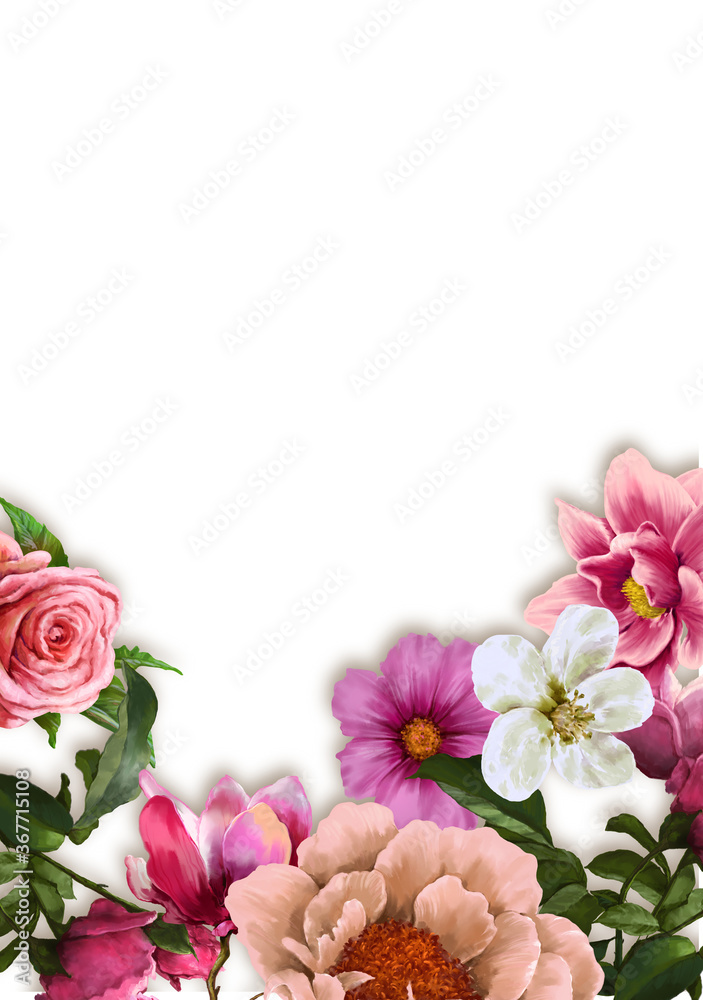 watercolor painting of leaves and flower, on white background watercolor painting of leaves and flower, on white background