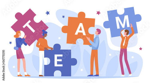 Teamwork of business people connect puzzles vector illustration. Cartoon flat businessman characters holding and connecting puzzle pieces, standing next to team word, partnership isolated on white