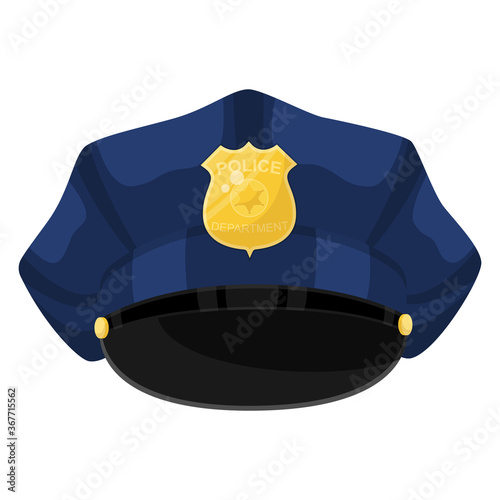 Cartoon police blue cap with golden badge, vector illustration