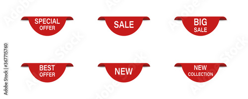  Set of red offer tags.  Vector red ribbon on white background , isolated . Label ribbon tag . Sale , big sale , special offer tag . New colection.