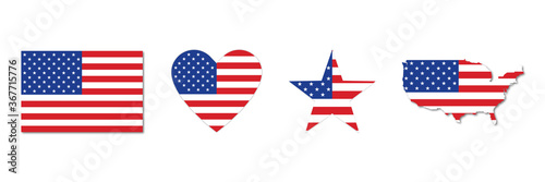 USA flag . Isolated set of American national flag icons . Vector illustration on white background . Flag with shadow , different shapes . 4th july .