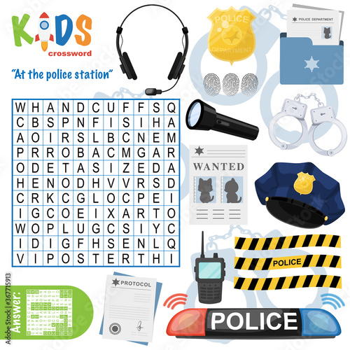 Easy word search crossword puzzle "At the police station", for children in elementary and middle school. Fun way to practice language comprehension and expand vocabulary. Includes answers.