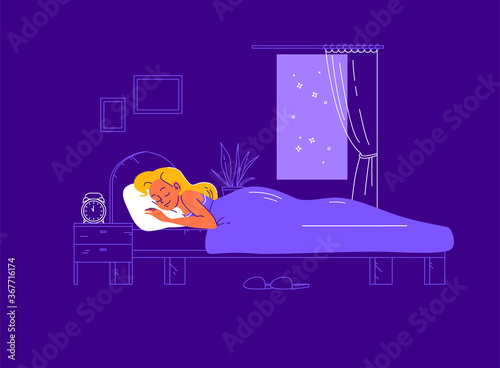 Young woman sleeping in cozy bed with alarm clock on night table. Well sleep time and sleep mode control. Vector flat illustration, line art.