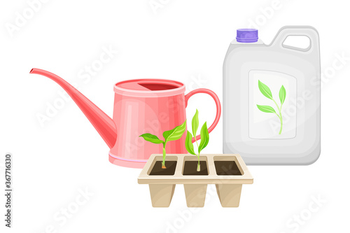 Can with Synthetic Fertilizer for Soil and Plant Growth and Watering Can Vector Illustration