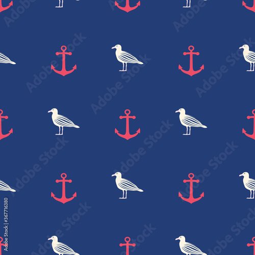 Seamless nautical pattern with anchors and seagulls. Sea concept backdrop. Vector.
