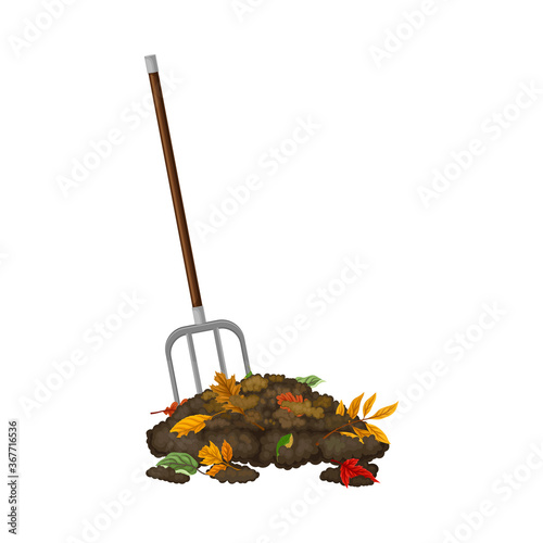 Pitchfork Gathering Topsoil with Foliage as Organic Fertilizer for Soil and Plant Growth Vector Illustration