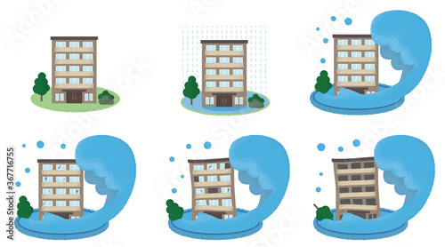 浸水の被害に遭うマンションのベクターイラストセット