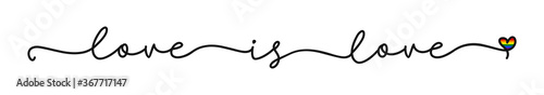 LOVE is LOVE. LGBT. Continuous line script cursive text love. Lettering vector lgbtq pride illustration for poster, card, banner. Hand drawn word - love with rainbow heart. Lgbt print for tee, t-shirt