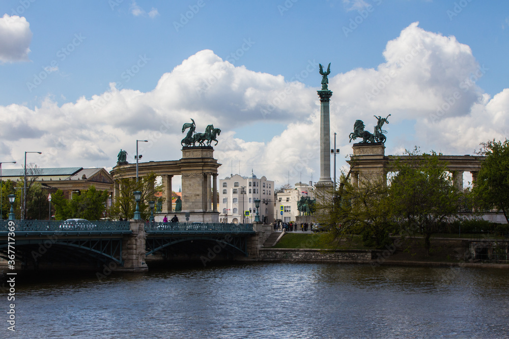 View of the Zielinski Bridge and Heroes' Square in Budapest. Hungary