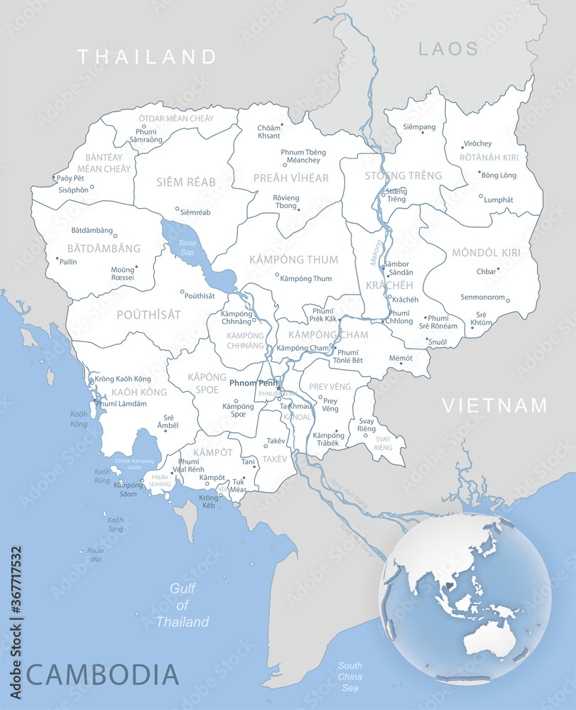 Blue-gray detailed map of Cambodia administrative divisions and location on the globe.