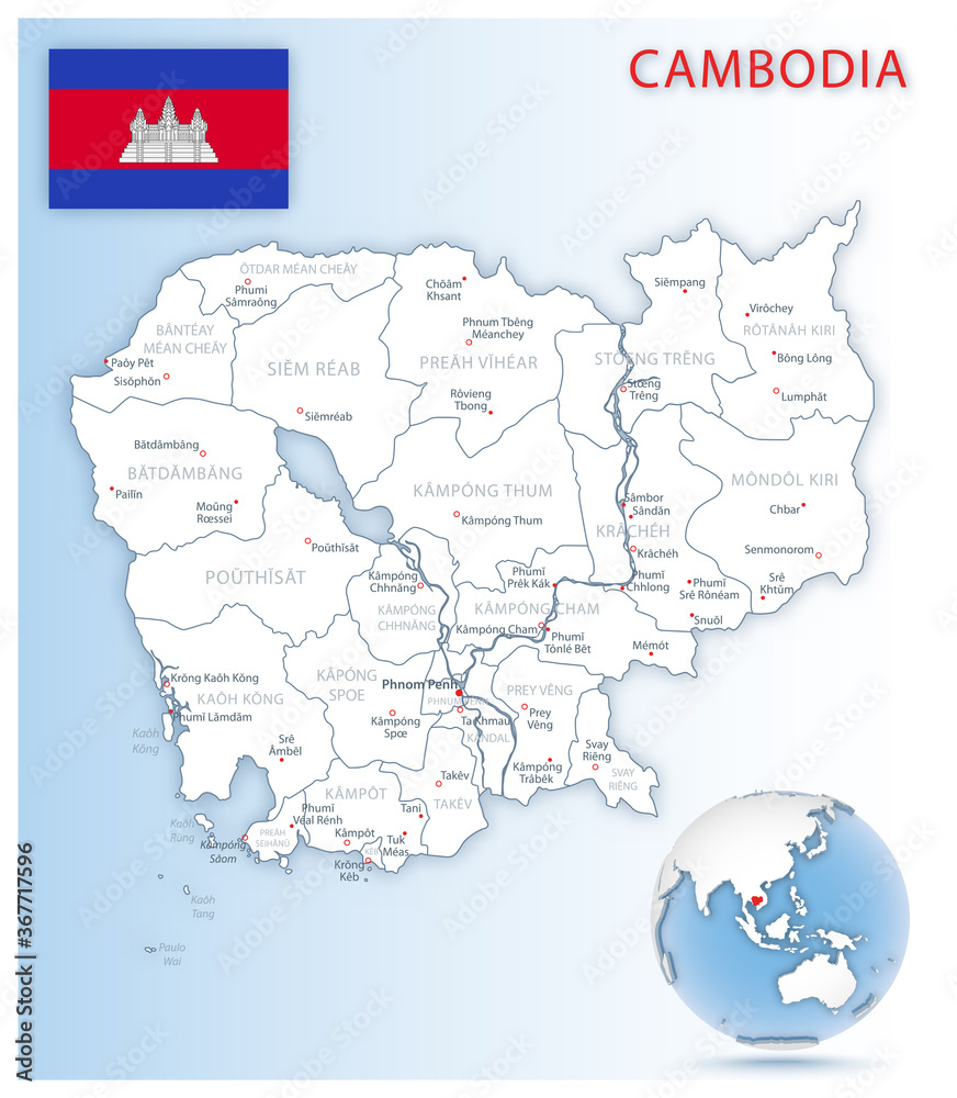 Obraz premium Detailed Cambodia administrative map with country flag and location on a blue globe.