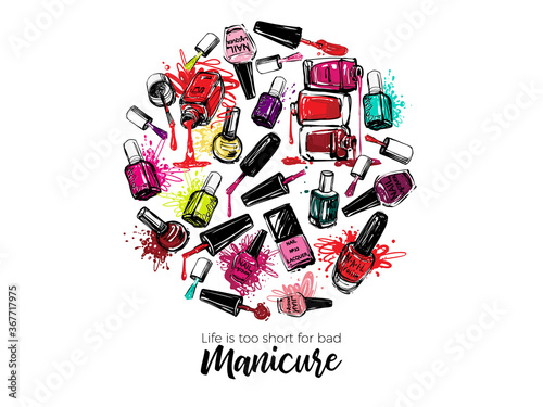 Nail polish flyer backdrop design. Round or circle composition. Vector fashion sketch. Manicure salon watercolor illustration poster or logo. Red, pink, purple, liquid lacquer colors.