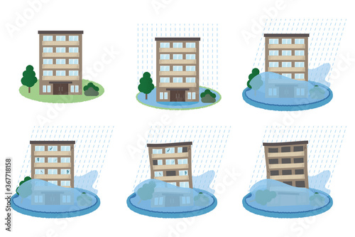 浸水の被害に遭うマンションのベクターイラストセット