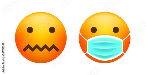 Cute Stunned Emoticon with Face Mask on White Background. Isolated Vector Illustration 