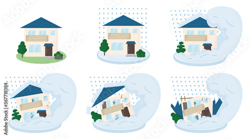 雪崩の被害を受ける住宅のベクターイラストセット