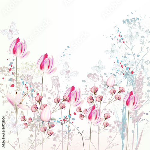Floral spring illustration with pink tulip flowers, plants and butterflies