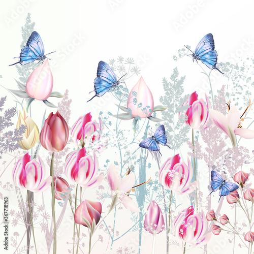 Illustration with gentle vector pink tulip and crocus flowers, blue butterfli...