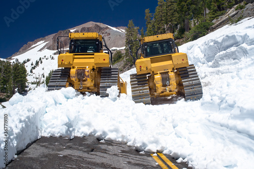 Road closed and Snow Plow in lassen volcanic park during summer (July) photo
