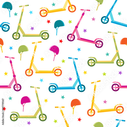 Vector roller scooter seamless pattern on white background.