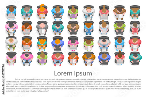 People, men, women  sit in chairs in the audience. Top view. Vector set. A collection of different people in chairs. View from above.