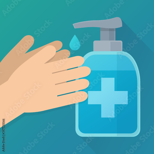 Lavage des mains avec un distributeur de  gel hydroalcoolique (flat design) photo