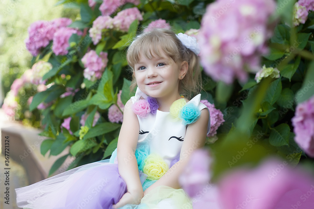 A little girl is in the bushes of hydrangea flowers in a sunset garden. The flowers are pink, lilac, lavender and blooming on the streets of the city. Child in a dress with a unicorn. The concept of
A little girl is in the bushes of hydrangea flowers in a sunset garden. The flowers are pink, lilac, lavender and blooming on the streets of the city. Child in a dress with a unicorn. The concept of