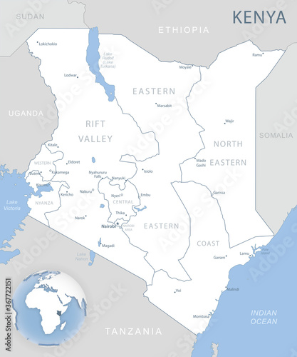 Fotografiet Blue-gray detailed map of Kenya administrative divisions and location on the globe
