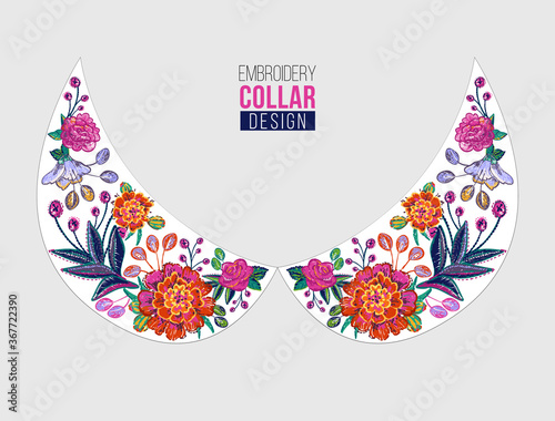 Embroidery flower round collar and neck line patch for t-shirt design. Floral print for textile and fabric vintage tribal illustration isolated on white background