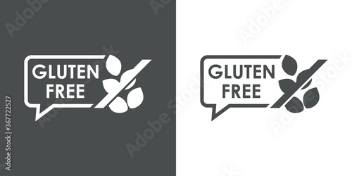 Logotipo texto Gluten Free en globo de habla con granos de trigo en fondo gris y fondo blanco