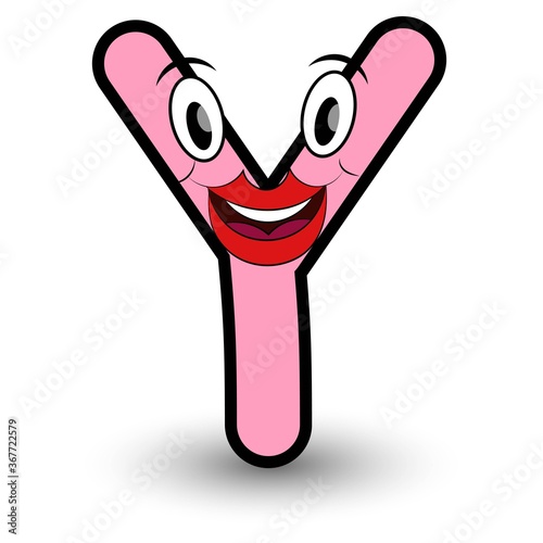 Funny hand drawn cartoon styled font colorful letter Y with smiling face vector alphabet illustration isolated on white
