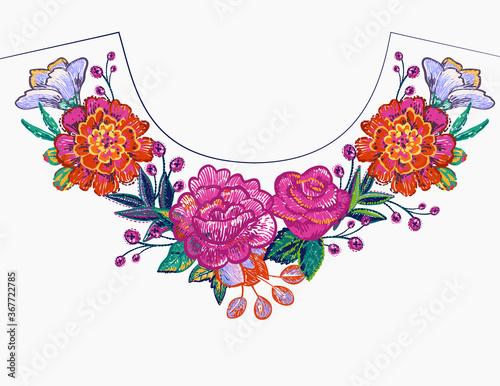Embroidery flower round neck line patch composition for t-shirt design. Floral print for textile and fabric vintage tribal illustration isolated on white background