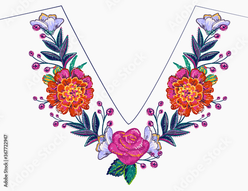 Embroidery flower v-neck line patch composition for t-shirt design. Floral print for textile and fabric vintage tribal illustration isolated on white background