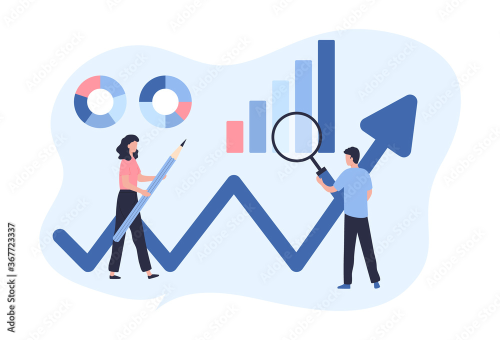Concept of web analytics, search engine optimization. The team of merchants analyzes sales, visitors, increases efficiency. A woman with a pencil, a man with a magnifying glass. Flat vector
