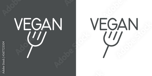Concepto comida vegana. Logotipo lineal con texto Vegan con tenedor en fondo gris y fondo blanco