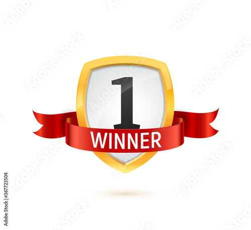 1 place competition vector illustration. Winner golden number on a shield with red ribbon isolated badge on white background