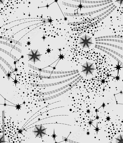 star constellation stellar zodiac sparks comet space black and white seamless vector pattern