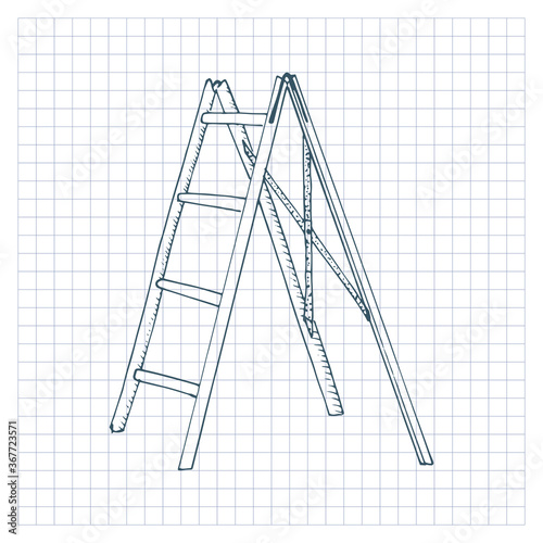 Stepladder sketch. Hand drawn stair, rung ladder. Vector illustration, isolated on checkered background.