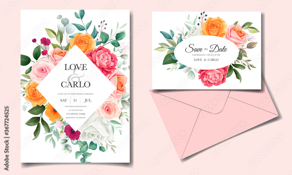 Obraz premium Floral wedding invitation template set with beautiful flower and leaves decoration