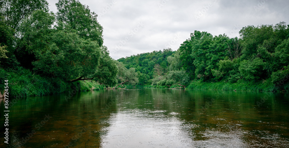 River in the huge green forest with cloudy sky River in the huge green forest with cloudy sky