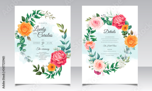Floral wedding invitation template set with beautiful flower and leaves decoration