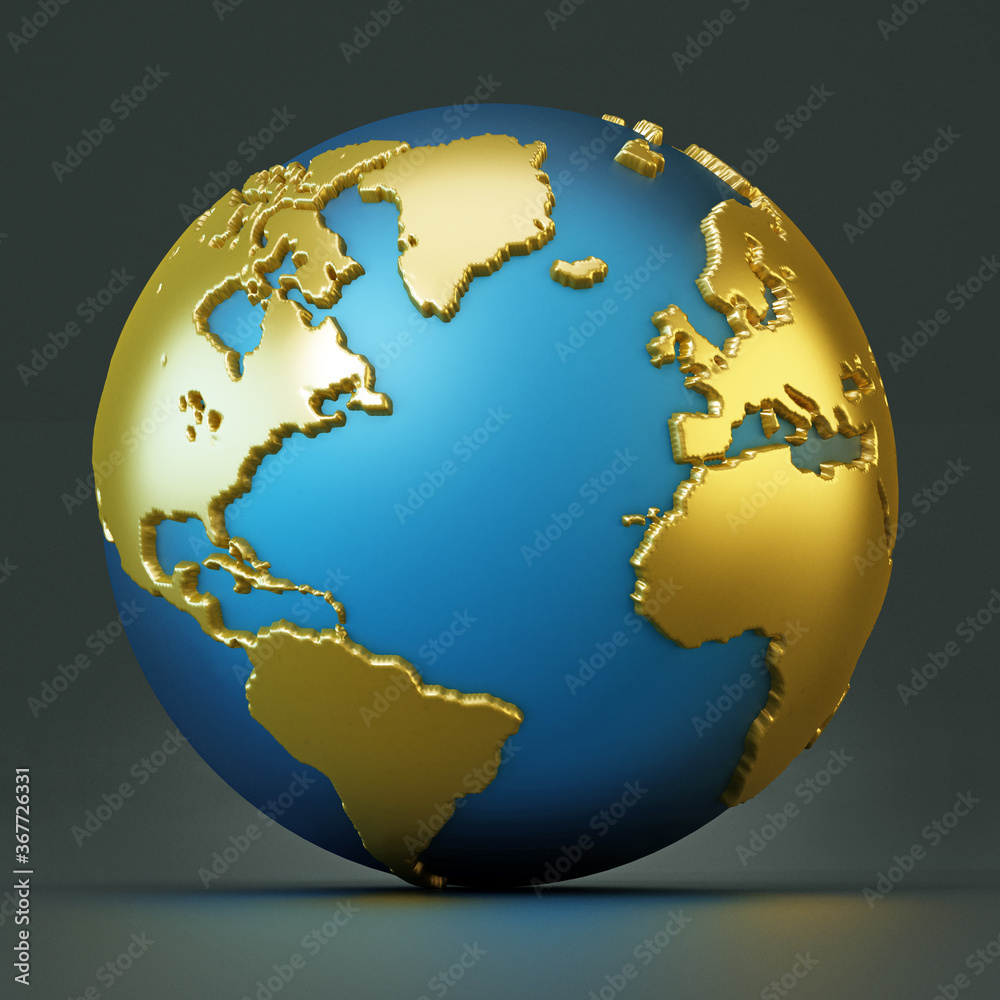 Fototapeta premium Blue and gold colored globe isolated on black. 3D illustration