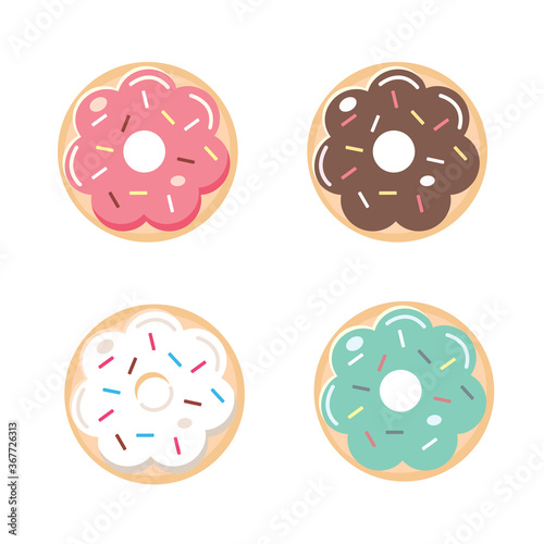 Donut vector set isolated on white background. Top View Donuts collection into glaze with white chocolate, strawberry,mint and chocolate.flat design illustration. cute cartoon sweets and desserts. 