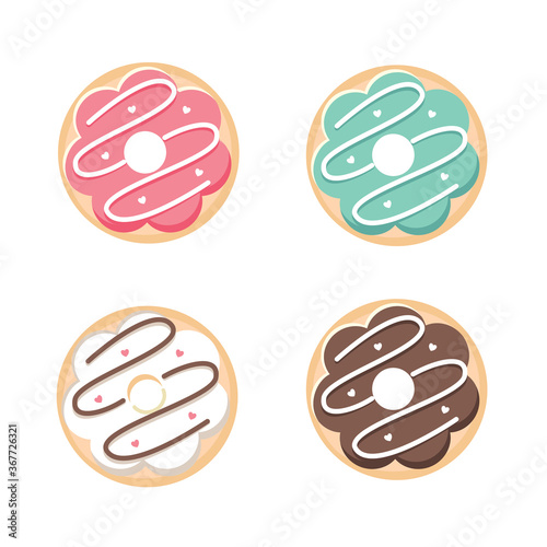 Donut vector set isolated on white background. Top View Donuts collection into glaze with white chocolate, strawberry,mint and chocolate.flat design illustration. cute cartoon sweets and desserts. 