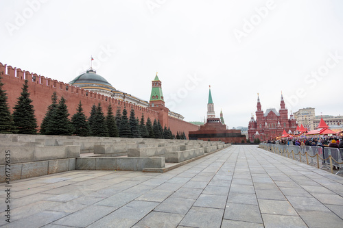 Moscow, Russia, the Kremlin's dome from Red Square in the Christmas period. Near the wall there's the Mausoleum of Lenin